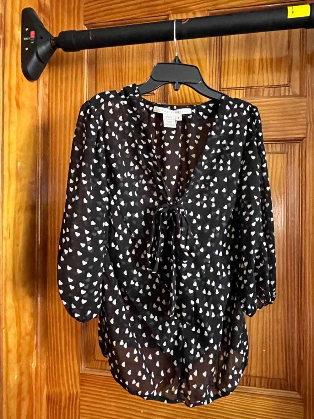 Max Studio Black Sheer Heart-Print Tie-Front Blouse